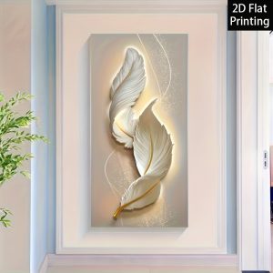 Nordic Luxury Abstract Wall Art Golden White Feathers Canvas Painting Gold Ribbon Posters for Porch Corridor Home Decoration