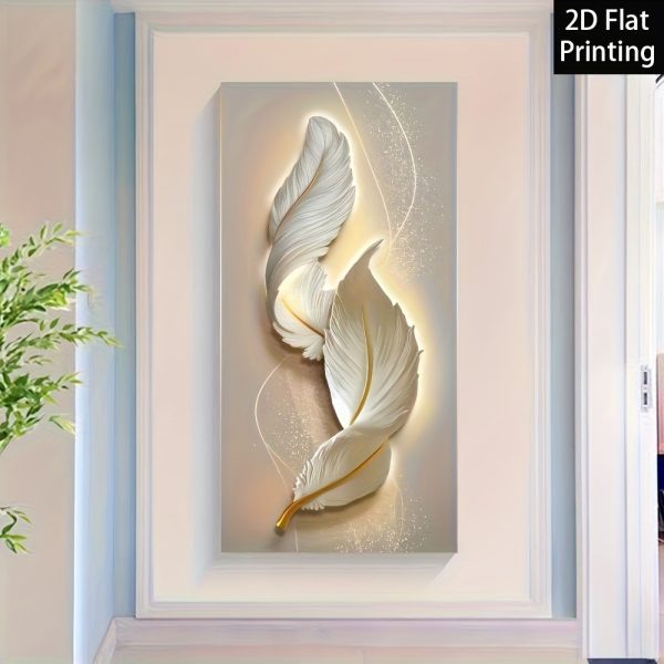 Nordic Luxury Abstract Wall Art Golden White Feathers Canvas Painting Gold Ribbon Posters for Porch Corridor Home Decoration