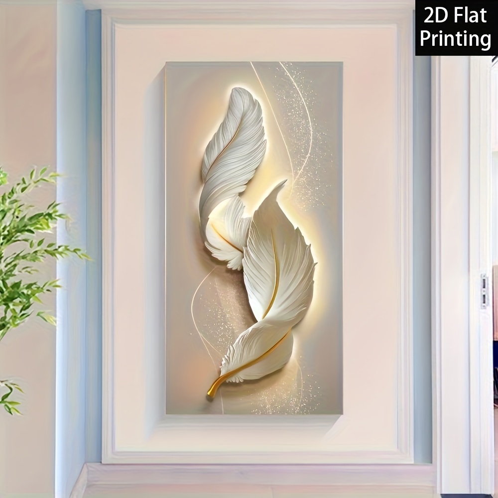 Nordic Luxury Abstract Wall Art Golden White Feathers Canvas Painting Gold Ribbon Posters for Porch Corridor Home Decoration