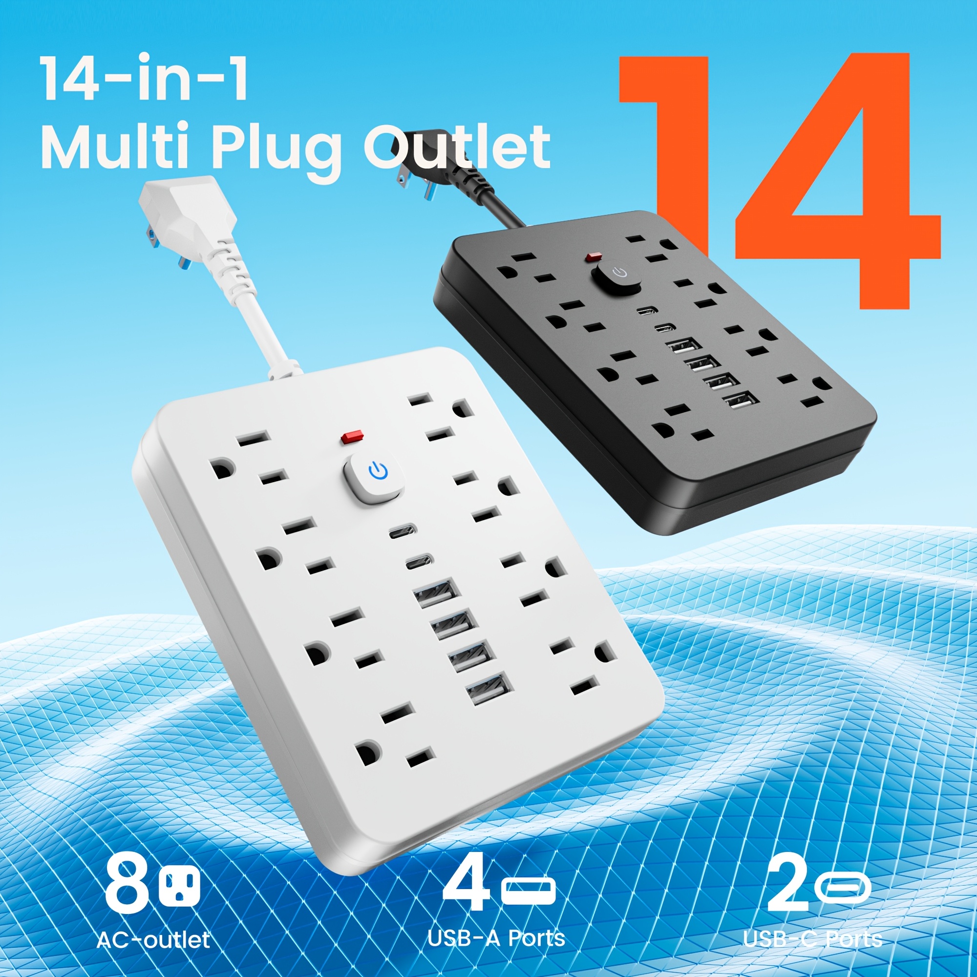 14-in-1 Power Strip with Surge Protector - 8 AC Outlets And 6 USB Ports (2 USB-C)