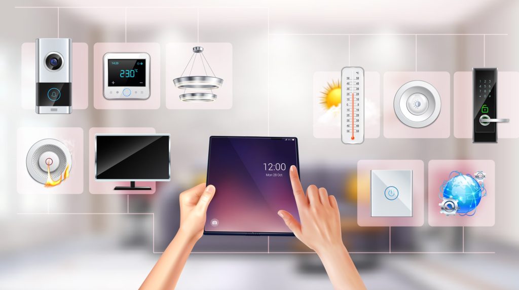 Smart home climate lighting door lock doorbell remote tablet touchscreen control worldwide access realistic composition vector illustration